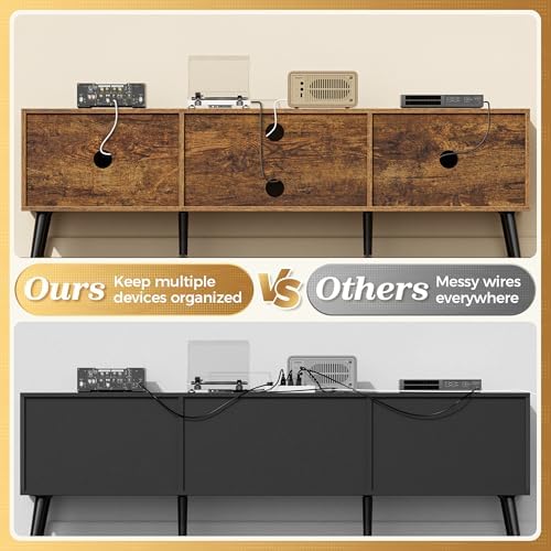 SUPERJARE TV Stand for 55, 65 Inch TV, 63 Inch Entertainment Center with Adjustable Shelf, 2 Cabinets, TV Console Table, Media Console, Solid Wood Feet, 4 Cord Holes, for Living Room, Rustic Brown - Image 5