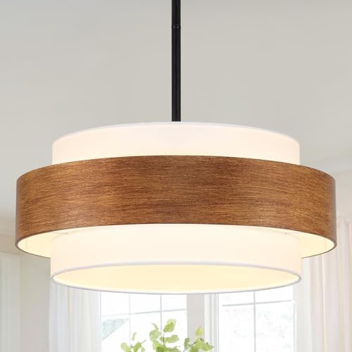 20'' Farmhouse Chandelier, 5-Light Drum Chandelier Round Pendant Light Fixture with Fabric Shade, Wood Grain Rustic Chandeliers for Dining Room Bedroom Living Room Foyer Entryway by LJHhowe