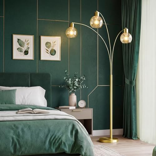 QiMH 3 Lights Floor Lamps for Living Room, 72" Tall Lamp with Amber Glass Shade, Large Tree Floor Lamp with Foot Switch, Modern Arch Floor Lamp for Bedroom Office, Brushed-Gold, 2700K Bulbs Included - Image 6