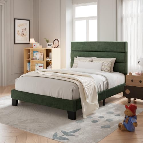 Allewie Twin Size Platform Bed Frame with Fabric Upholstered Headboard and Wooden Slats Support, Fully Upholstered Mattress Foundation/No Box Spring Needed/Easy Assembly, Green - Image 3