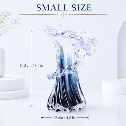 8.1" H Blue Ocean Wave Vase, Blown Glass Vase, Unique Modern Art Beautiful Hand Blown Coastal Centerpieces for Living Room, Bedroom, Office Desktop, Coffee Table, and Wedding Decorative (S) - Image 3