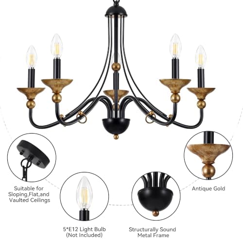 Sigaitwei 5‑Light Modern Farmhouse Candle Pendant, Matte Black with Antique‑Gold Accents, Chandelier Hanging Light Fixture for Kitchen Island, Entryway, Stairwell, E12 Base - Image 7