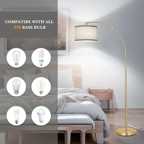 DWTB Gold Arc Floor Lamp for Living Room, Floor Lamp with Adjustable Drum Lampshade, Modern Tall Standing Lamp with Foot Switch, Over Couch Arched Pole Lamps for Reading Bedroom, 8W LED Bulb Included - Image 4