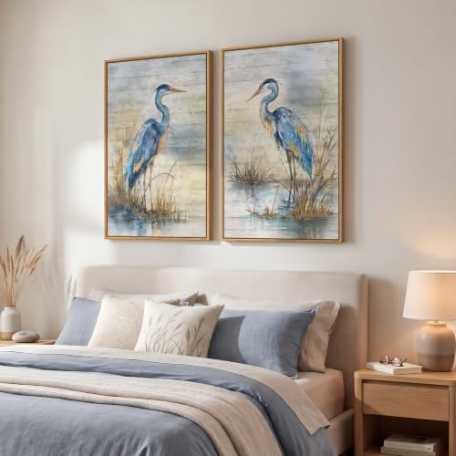 Framed Vintage Coastal Blue Heron Bird Wall Art for Living Room, 24x36 Inch - Image 2