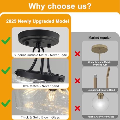 Modern Pendant Lights Kitchen Island, 3-Light Black Pendant Light Fixtures with 14.2" Clear Air Bubble Glass Shade, Industrial Hanging Pendant Lights Fixture for Kitchen Island, Dining Room, Entryway - Image 7