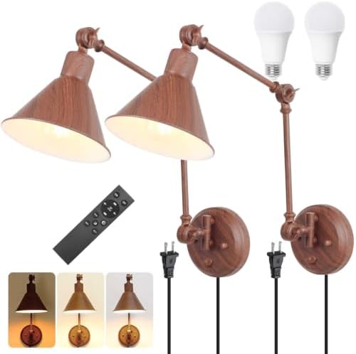 TRLIFE Dimmable Wall Sconce, Remote Control Plug in Wall Sconce Dimming 10%-100% and Adjustable Color Temperature 2700K-6000K, Swing Arm Wall Lights with Plug in Cord, UL Listed(2 Pack, Walnut Color) by TRLIFE
