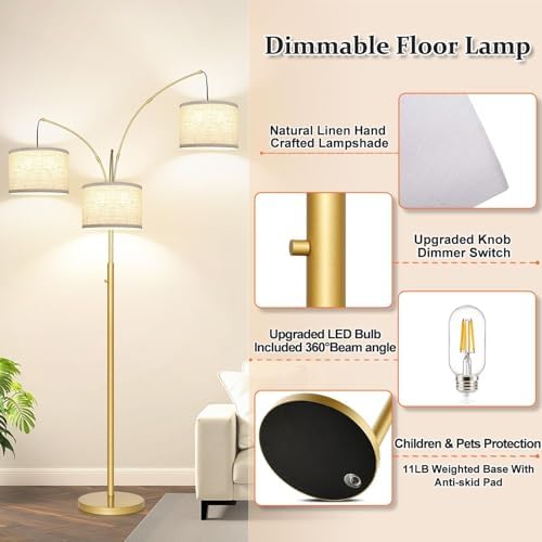 Dimmable Floor Lamp, 3 Lights Gold Arc Floor Lamp, Modern Tall Standing Tree Lamp with White Linen Shades & Heavy Base, 3000LM LED Bulbs, Bright Lighting for Living Room, Bedroom, Office & Reading - Image 5