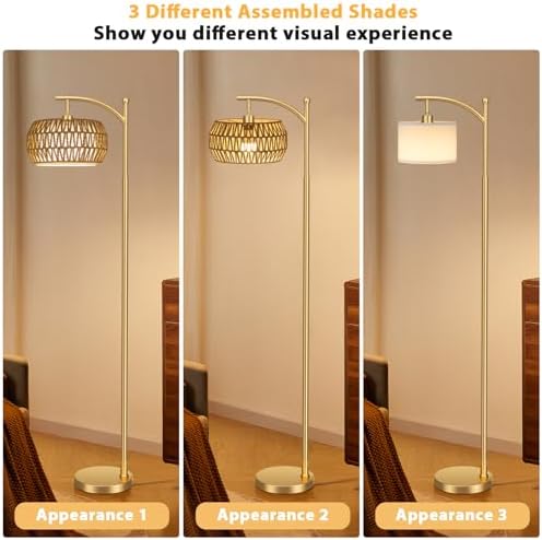 Ambimall Arc Floor Lamp with Remote & Rattan Double Shades, Gold Bohemian - Image 3