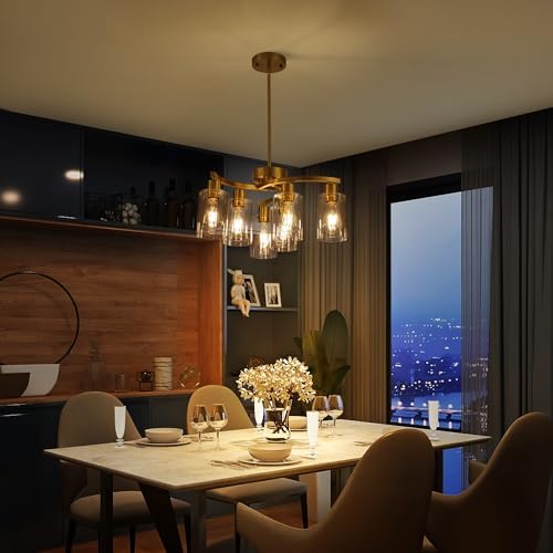 CNRATYE 6-Light Gold Chandeliers for Dining Room, Modern Kitchen Island Light Fixtures Over Table, Metal Hanging Pendant Lighting for Living Room Stairwell Entryway Bedroom, Clear Glass Shade - Image 2