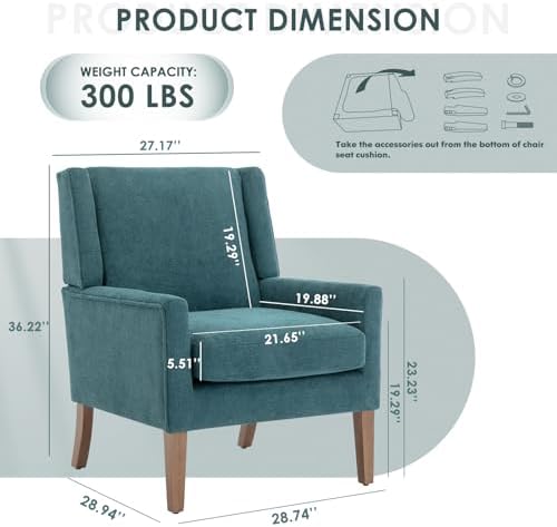 COLAMY Modern Wingback Living Room Chair, Upholstered Fabric Accent Armchair, Single Sofa Chair with Lounge Seat and Wood Legs for Bedroom/Office/Reading Spaces, Teal - Image 2