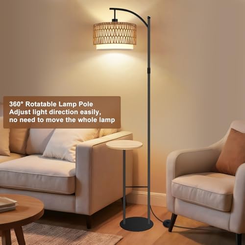 Vinaco Rattan Boho Floor Lamp with Table, Dimmable Remote & Foot Switch - Image 5