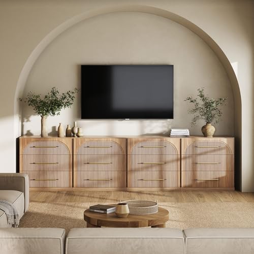 BELLEZE Set of 4 Fluted Modular Sideboard Cabinet, 130'' Classic Modern Buffet Cabinet with 3 Drawers, Accent Credenza Cabinet for Living Room Kitchen Entryway (Camel) by BELLEZE