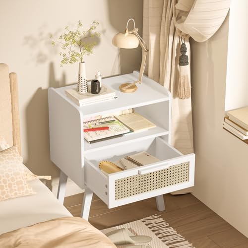 Lerliuo Rattan Nightstands Set of 2, Bedside Table with Drawer Open Shelf - Image 5