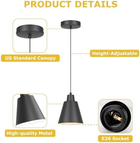 Black Pendant Light Kitchen Island, Hanging Kitchen Lights, 3-Pack - Image 5