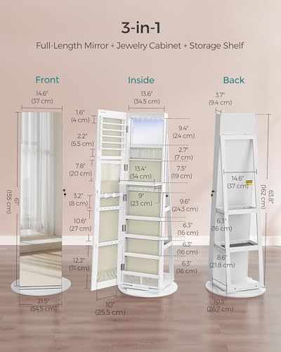 SONGMICS 6 LEDs Mirror Jewelry Cabinet Organizer, 360° Swivel, Lockable - Image 5