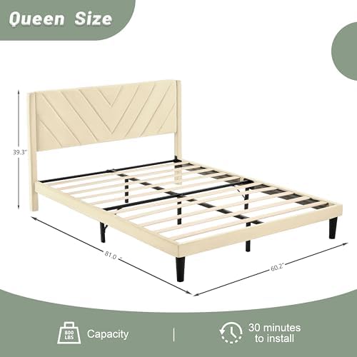 Queen Size Platform Bed Frame with Velvet Headboard, Wing Edge, Sturdy Wooden Slats, Noise-Free, No Box Spring Needed, Easy Assembly, Beige - Image 2