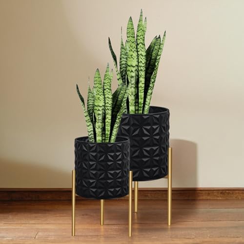 ARNIS Modern Planter Pots, Set of 2 Large Planters with Stand, Decorative Planters, Metal Pots with Drainage Holes for Living Room, Office, Garden or Balcony, 10.5 &12.25 Inch, Matte Black by ARNIS
