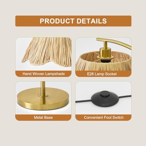 Oneach Floor Lamp with Table for Bedroom, Boho Standing Lamps with Foot Switch, Farmhouse Floor Lamp for Living Room, Arc Rattan Lamps with Gold Metal Base & Pole, Ideal for Home Décor - Image 6