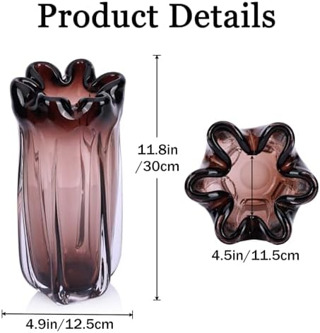 Large Hand Blown Glass Flower vases, Unique Amber Glass vases, Murano Style Wide Mouth vases, Beautiful Vase for Home Living Room, Office, Table centerpieces, Bookshelves and Wedding Decorations - Image 2