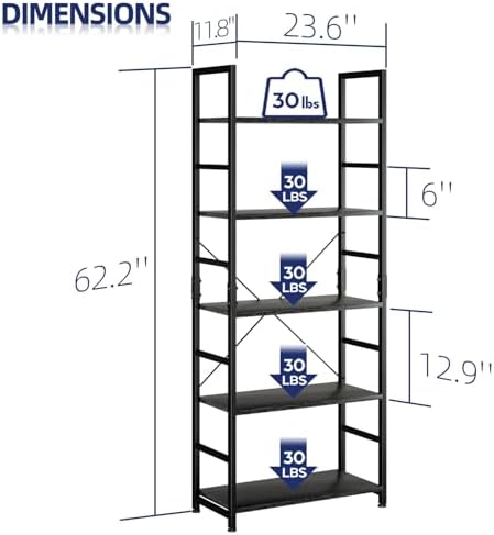 NUMENN 5 Tier Bookshelf, Tall Freestanding Open Storage Bookcase, Black - Image 3