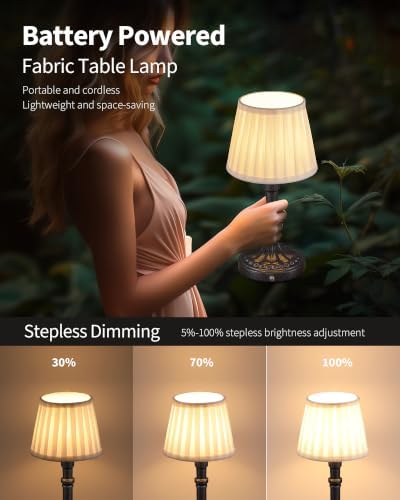 KDG Mottled Silver Cordless Table Lamps Set of 2, Beige Fabric Shade Light - Image 4