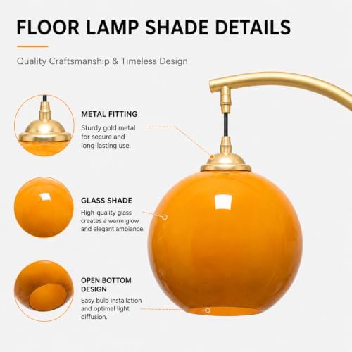 Vintage Gold Arc Floor Lamp with Orange Glass Shade - Image 3