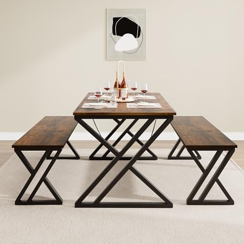 GarveeHome Kitchen Table with 2 Benches, Dining Table Set for 4,Brown - Image 6