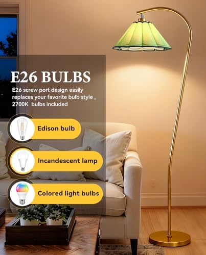 Floor Lamp with Pleated Linen Lampshade, Modern Flower Floor Lamp for Living Room Arc Standing Lamp, Gold Tall Lamp for Bedroom Office Dining Room, Bulb Included (Gold + Green, 65IN) - Image 4