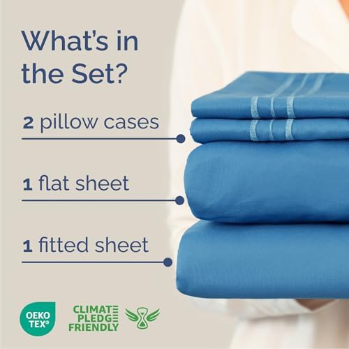 Queen Size 4 Piece Sheet Set - Breathable & Cooling Sheets - Denim Blue - Image 2