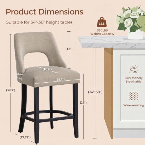 UVV Bar Stools Set of 2, Upholstered Counter Height Bar Stools, Modern Counter Stools with Wood Legs for Kitchen Island Dining Room Bar, Khaki-Black Legs - Image 2