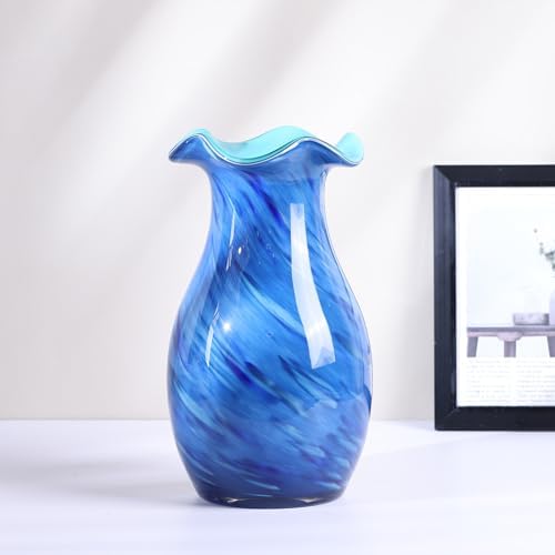 10.6in Hand Blown Blue Glass Vase – Wide Mouth Murano Bubble Art Glass Vase, Cobalt Blue Flower Vase for Coastal, Vintage, Colorful Home Decor, Vase Gift for Mom or Display (Blue) - Image 6