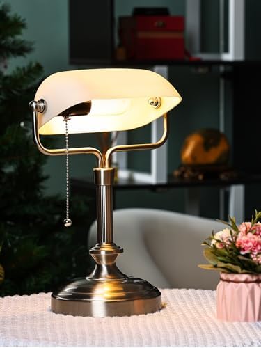 Traditional Banker's Desk Lamp with Glass Shade,Pull Chain Switch, LED Bulb Included (Satin Nickle+White) - Image 3