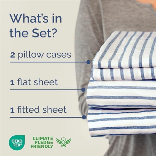 Full Size 4 Piece Sheet Set - Breathable & Cooling Sheets - Blue Stripes - Image 2