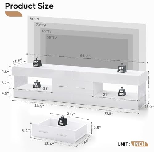 Bestier 67" Modern TV Stand for 75 Inch TV, LED Entertainment Center, White - Image 2