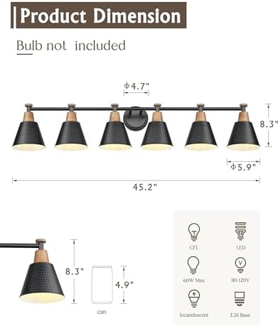 FEMILA Black 6 Light Bathroom Vanity Light, Vintage Bathroom Light Fixtures Over Mirror, E26 Base, 4FG59B-6W BK - Image 2