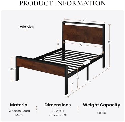 SHA CERLIN 14 Inch Twin Size Metal Platform Bed Frame with Wooden Headboard and Footboard, Mattress Foundation, No Box Spring Needed, Large Under Bed Storage, Heavy Duty Slats Support, Mahogany - Image 2