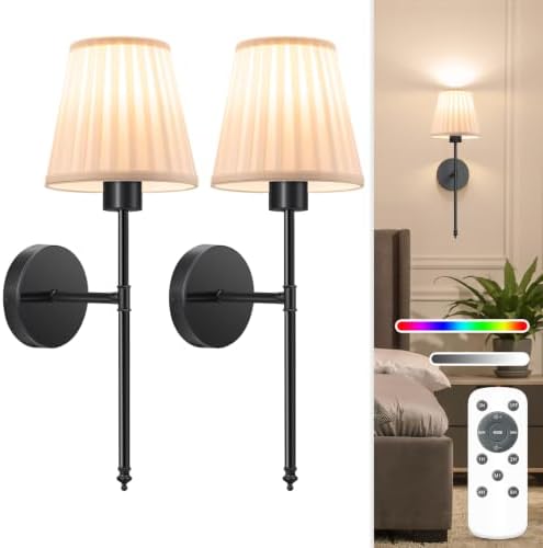 NIORSUN 19.9 inch Battery Operated Wall Sconce Set of 2,Beige Black Rechargeable Wall Lights with 5200mAh Dimmable Bulbs and Remote,9 Colors Wireless Wall Lamps for Bedroom Living Room Decor by NIORSUN