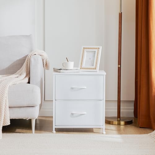DUMOS Nightstand Small Dresser with 2 Fabric Drawers Side Tables Bedroom End Table Kids Bedside Storage Furniture for 20 inch Tall Night Stand for Closet, Entryway, College Dorm, White(2 Pack) - Image 2