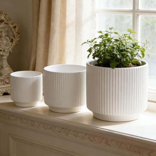 Oakrain Plant Pots Set of 3 with Vertical Stripes 7.8/6.5/5.2 inch, Modern Decorative Planters for Indoor Outdoor Plants, Garden Flower Pot with Drainage Holes, Ceramic White - Image 2
