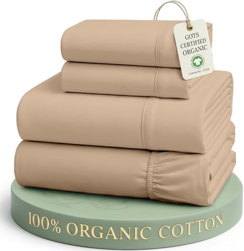 LANE LINEN 100% Organic Cotton Sheets Set, Pure Organic Cotton Long- Staple Percale Weave Ultra Soft Best- Bedding Sheets for Bed, GOTS Certified, Fits Mattress Upto 15in. Deep Pocket (Full, Taupe) by LaneLinen