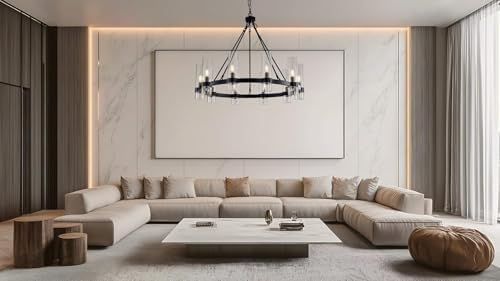 32 Inch Black Wagon Wheel Chandelier with Glass Shade, 10 Lights, Modern Farmhouse Style, Ideal for Dining Room, Kitchen, Entryways - Image 2