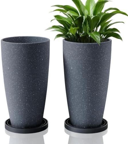 ZMTECH 2-Pack Large Tall Planters with Saucer - 6.8 Gallons /12x21 Inch Faux Stone Finish Round Flower Pots for Indoor Plants, Outdoor Patio & Porch Decor, Unbreakable Plant Containers (Dark Gray) by HighQualityGardeningTools