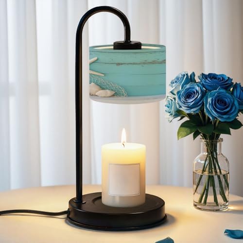 Candle Warmer Lamp with Timer Starfish Shell Teal Beach Nature Seashells Fishing Net Weathered Wood Dimmable Wax Warmer with 4 Bulbs for Jar Candles Women Birthday Gifts House Warming New Home Decor by DERUINVAIO