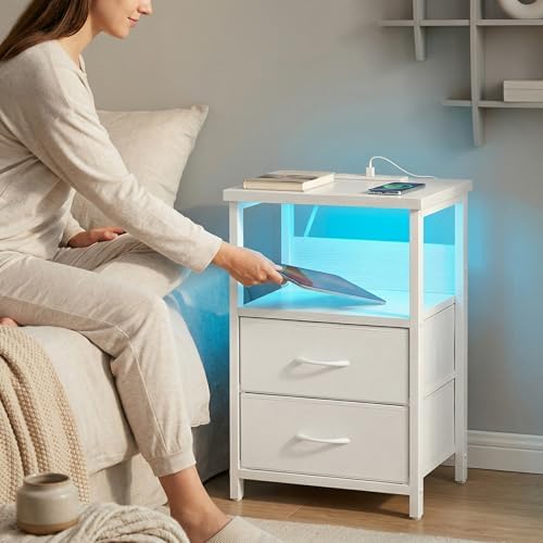 Fixwal Night Stand with Charging Station, White Led Nightstand, 2 Drawers - Image 2