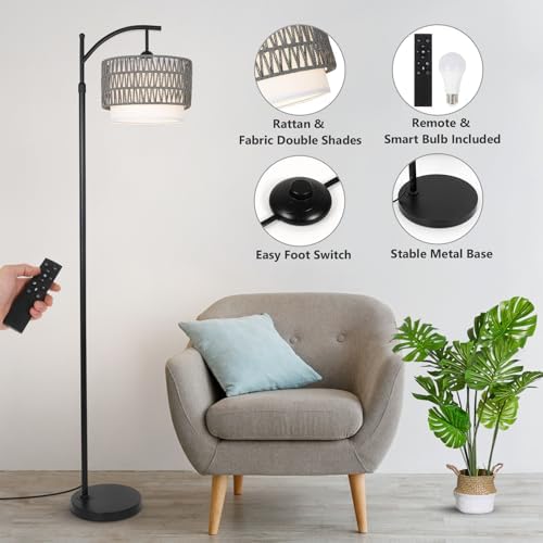 eyassi Floor Lamps for Living Room, Arc Standing Lamp with Remote & Dimmable Bulb, Boho Rattan Floor Lamp for Bedroom with 3 Color Temperatures, Farmhouse Tall Lamp, Height Adjustable Stand up Lamp - Image 4