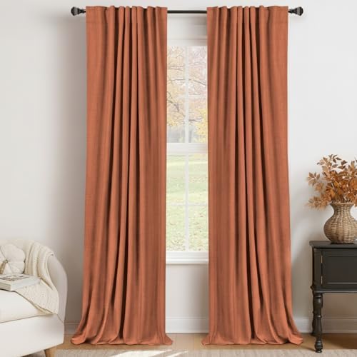 Faux Linen Total Blackout Curtains for Bedroom 102 Inch Long Burnt Orange by 100BlackoutShield