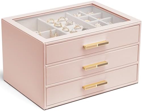 VLANDO Jewelry Box Organizer, 3-Layer Storage Drawers, Glass Window, Modern by VLANDO