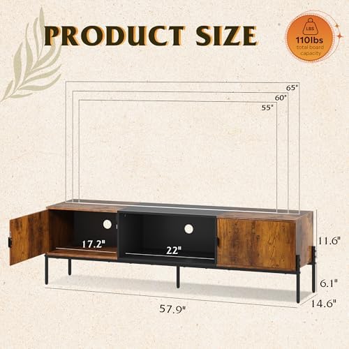 WLIVE 58" TV Stand for 65 Inch TVs, Mid Century Modern Entertainment Center with 2 Storage Cabinets & Open Shelf, Media Console Table with Metal Legs for Living Room, Bedroom, Rustic Brown - Image 3