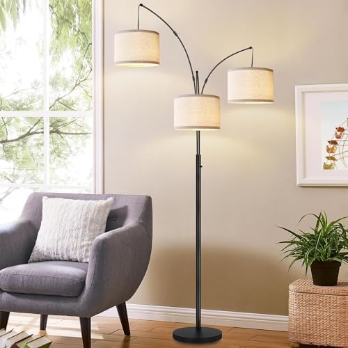 Dimmable Floor Lamp - 3 Lights Arc Floor Lamps for Living Room, 1000LM Modern Tall Standing Lamp with White Shades & Heavy Base, Mid Century Tree Floor Lamp for Bedroom Office, 3 LED Bulbs Included by Nintiue