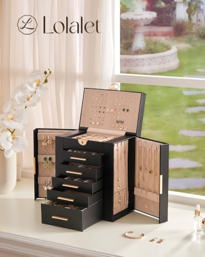 Lolalet Large Jewelry Box, 6-Layer Jewelry Organizer with 5 Drawers -Black - Image 5